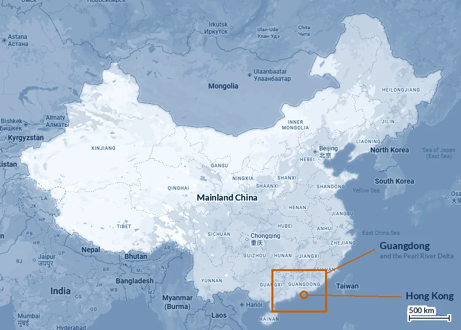 China, with the Pearl River Delta framed