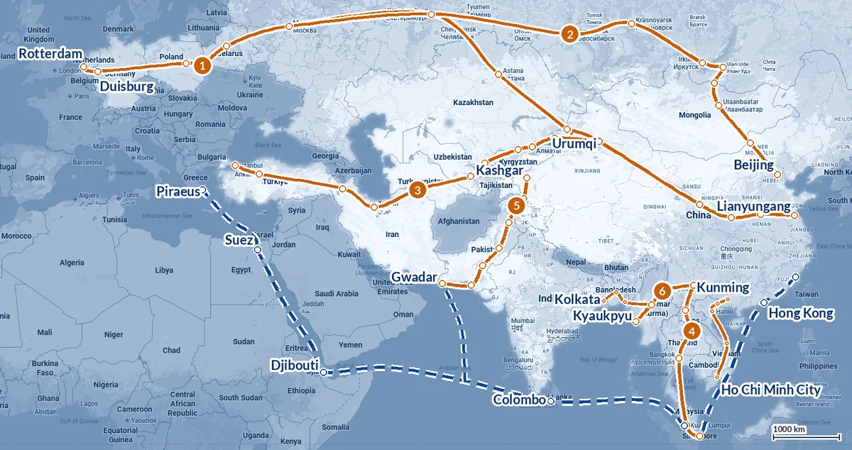 The six land corridors and the Maritime Silk Road