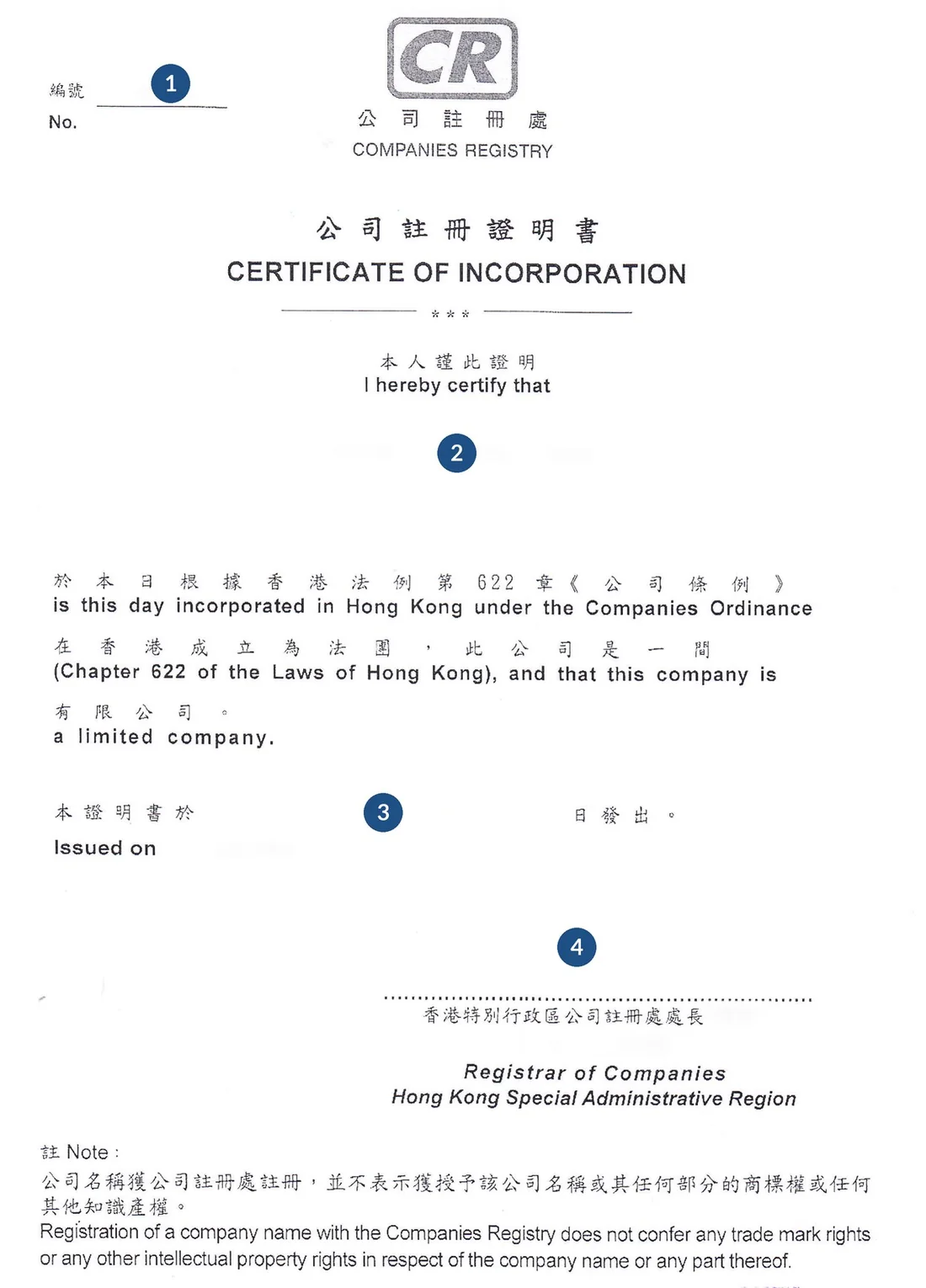 A Hong Kong certificate of incorporation with its data removed and its four particulars numbered