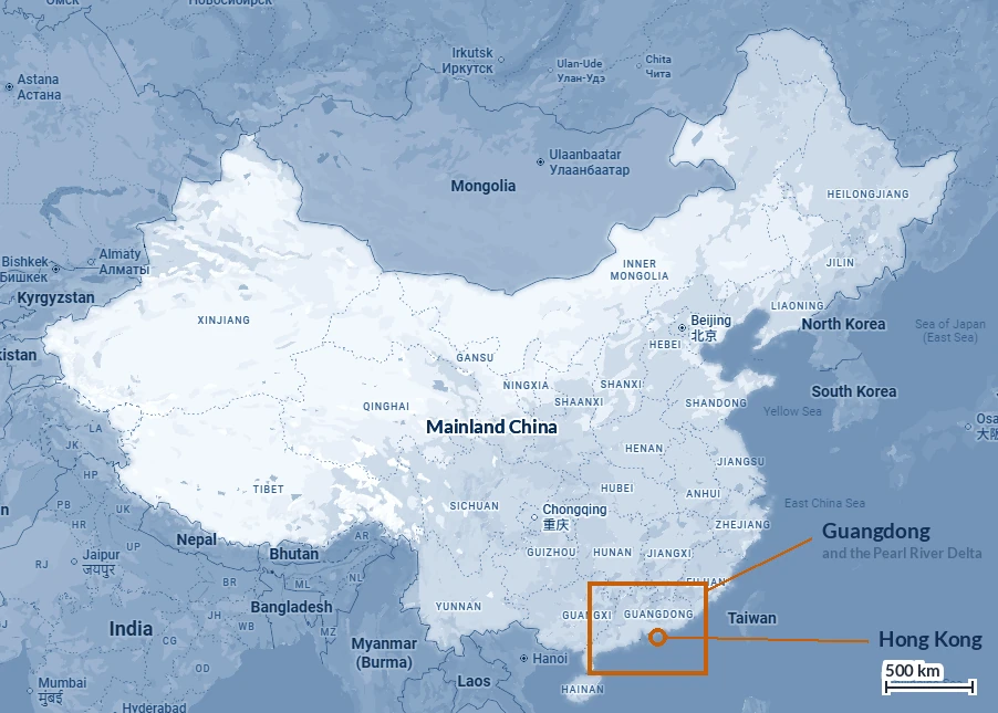 Mainland China, with the Pearl River Delta framed