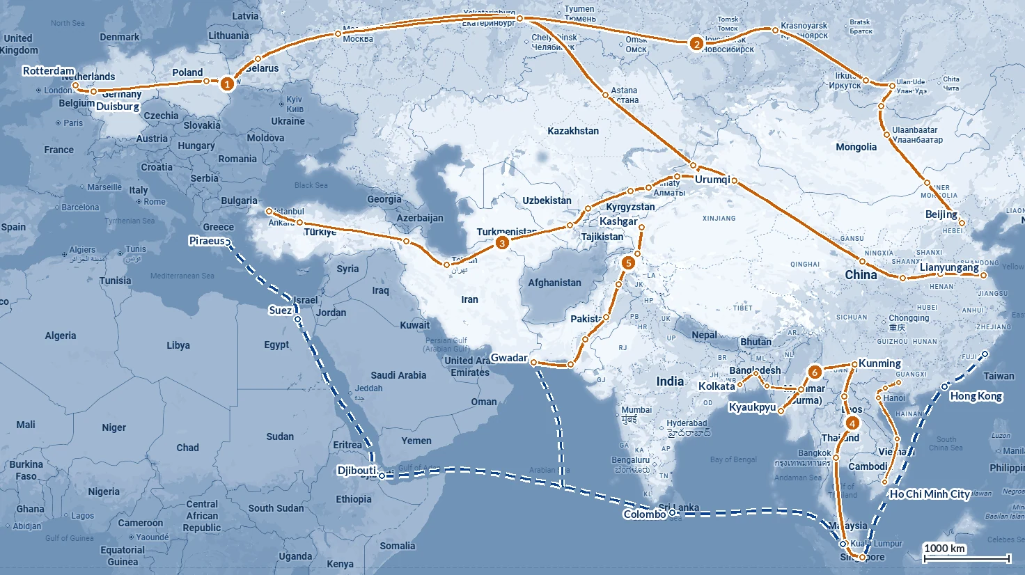 The six land corridors of the Belt and Road and the Maritime Silk Road, from China to Europe